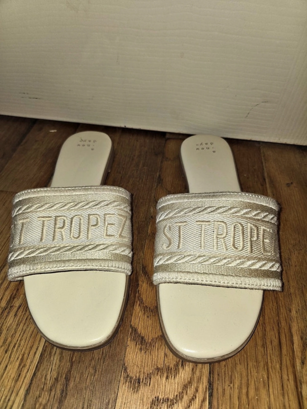 Stuart Weitzman Embroidered Slide Sandals in Beige Like New